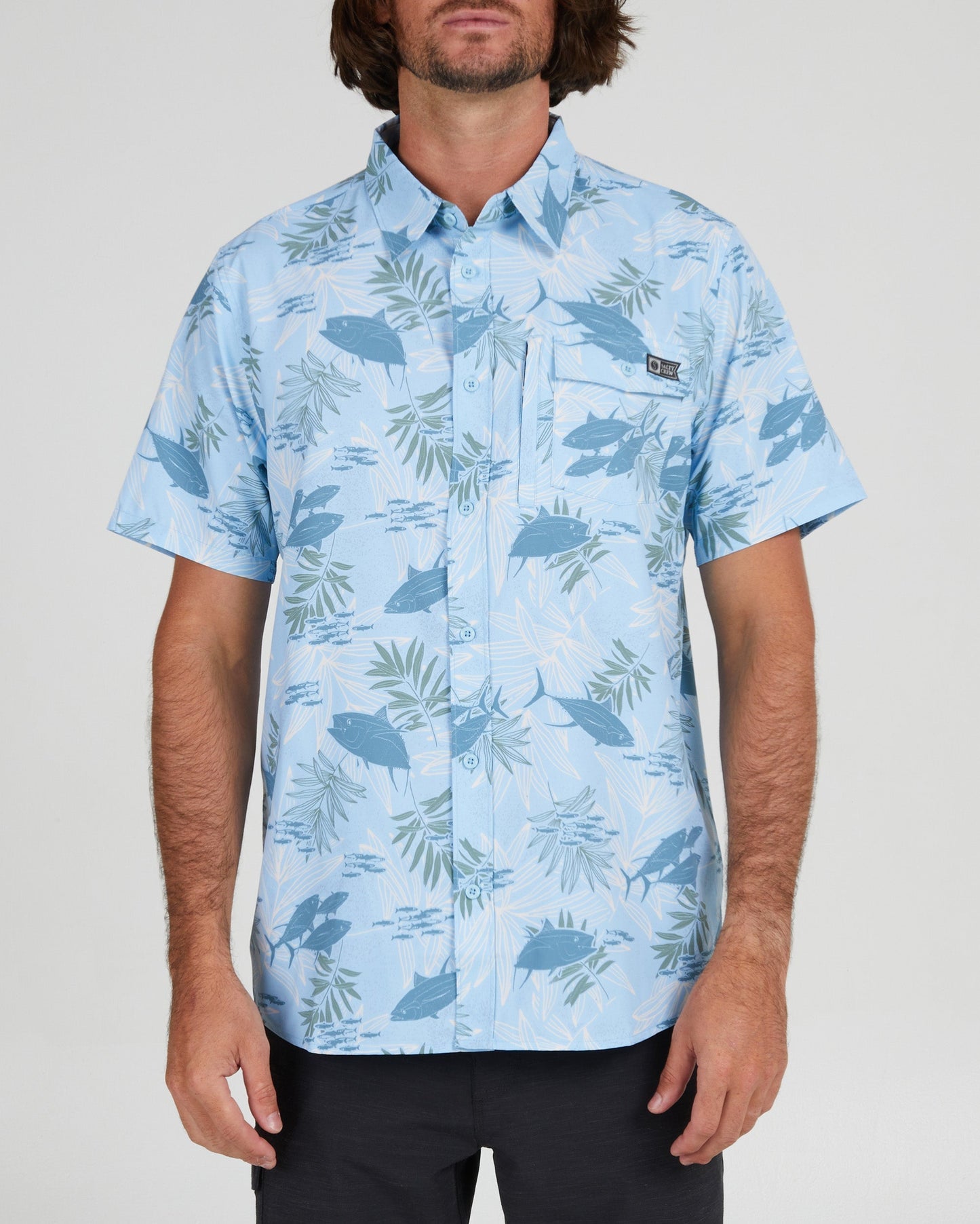 Feeding Frenzy Light Blue S/S UV Woven